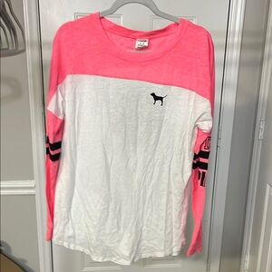 PINK Victoria's Secret Long Sleeve Pink and White Tee